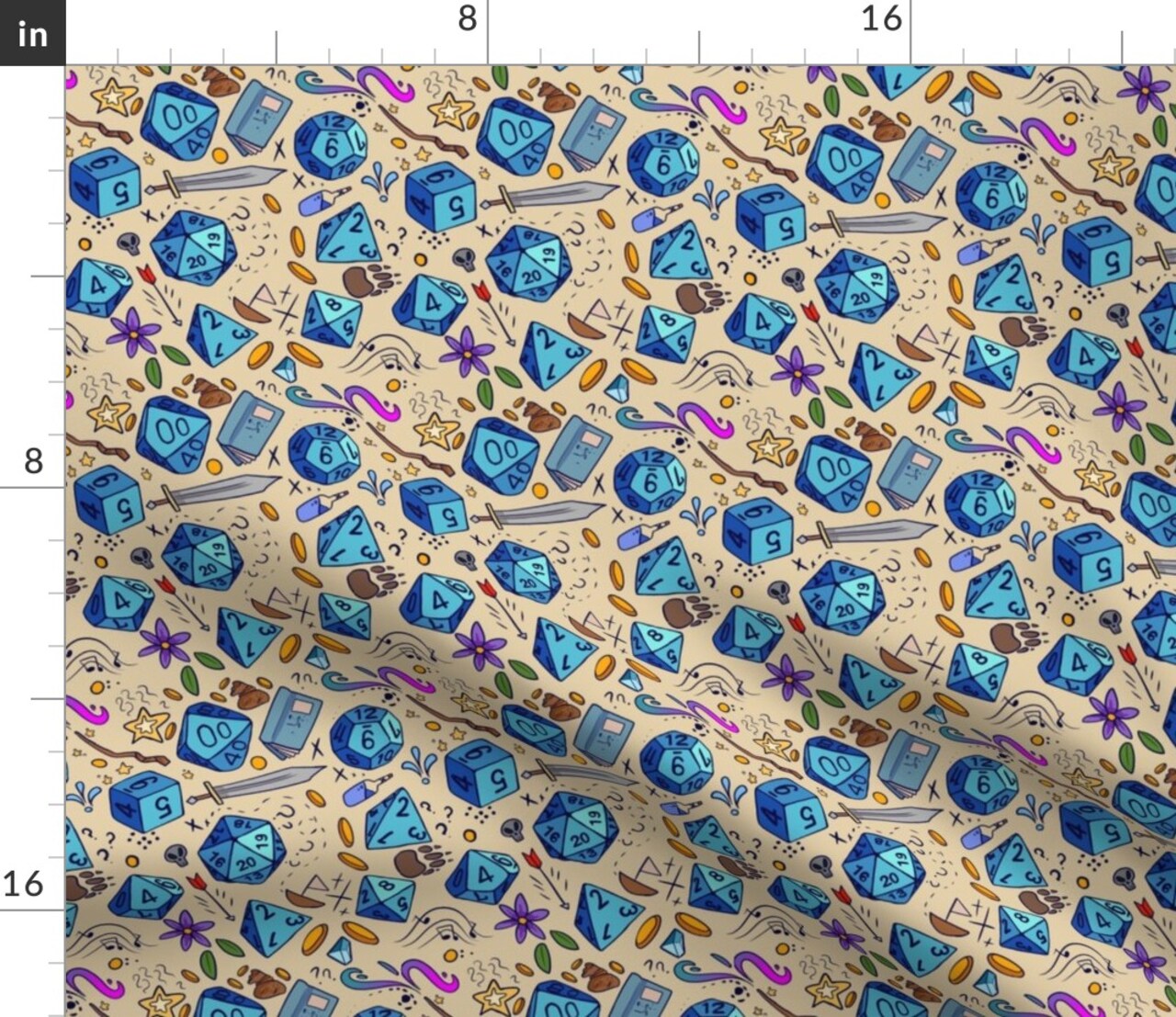 Blue Fantasy Illustration Sword Dice Dragons Custom Printed Fabric by Spoonflower Various Fabrics by the Yard or Fat Quarter